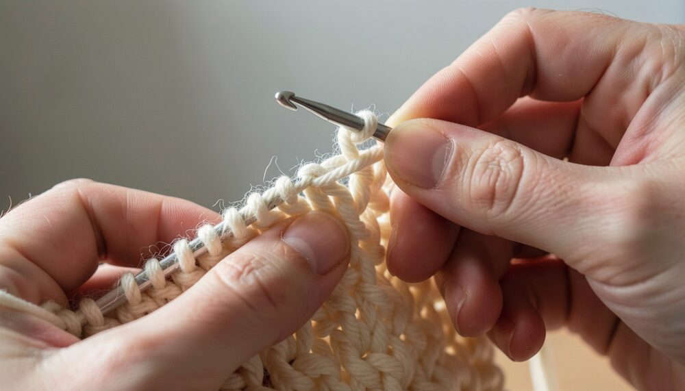 Close-up of hands holding a crochet hook and cream fabric with several loops on the hook