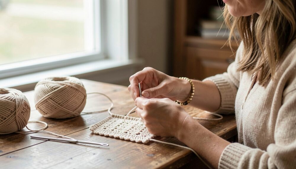 A woman crocheting a small swatch at a wooden table with balls of yarn and a metal hook nearby.