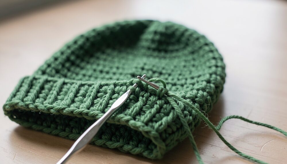 Green crocheted hat on a wooden table with a crochet hook resting on it