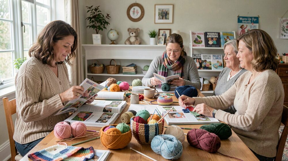 Illustration of three women seated at a wooden table crocheting with yarn and handmade projects.