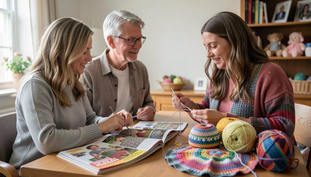 Illustration of two women and an elderly man crocheting with yarn around a wooden table