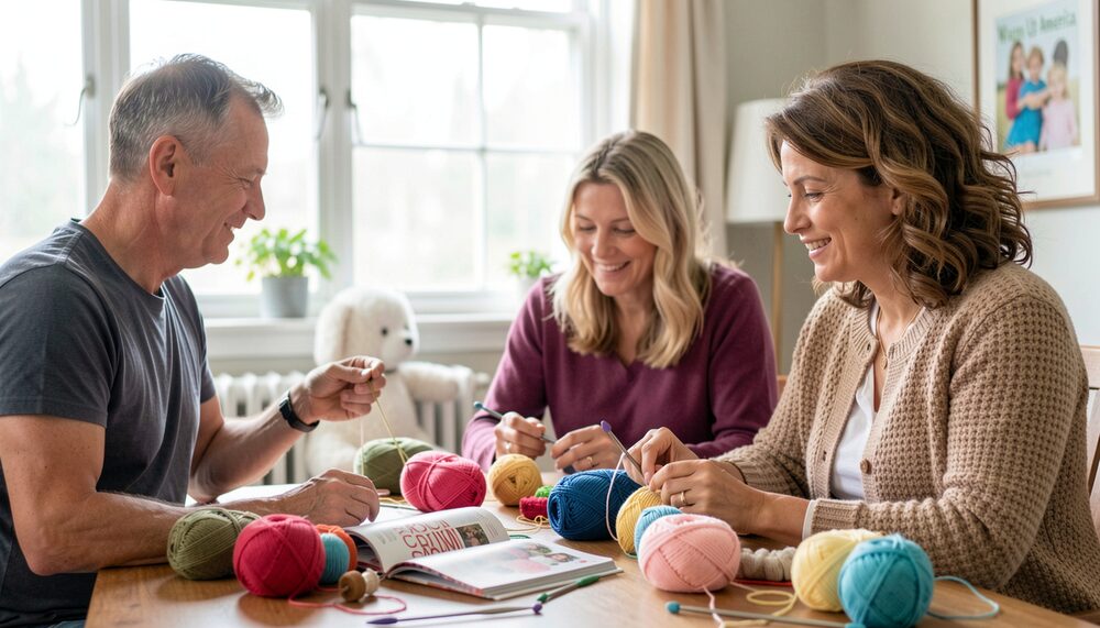 Illustration of an older man and two women at a table with yarn and crochet work