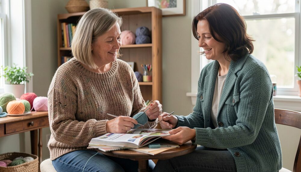 Illustration of two women seated talking, with crochet and an open craft magazine on the table