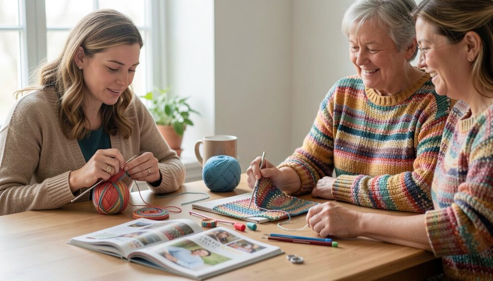 Illustration of three women seated consulting an open craft magazine with yarn nearby