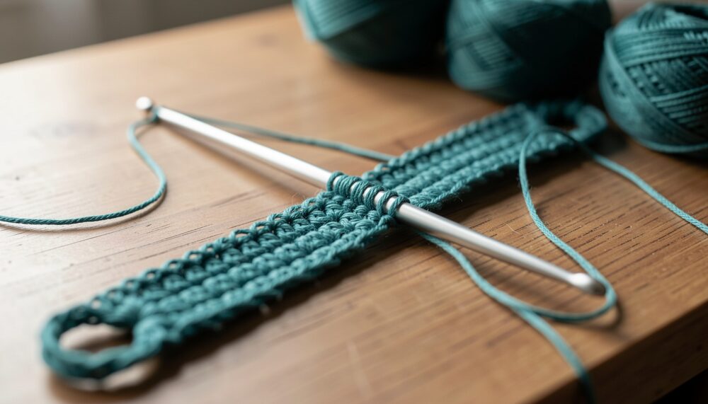 Long crochet hook with teal loops and teal yarn on a wooden table