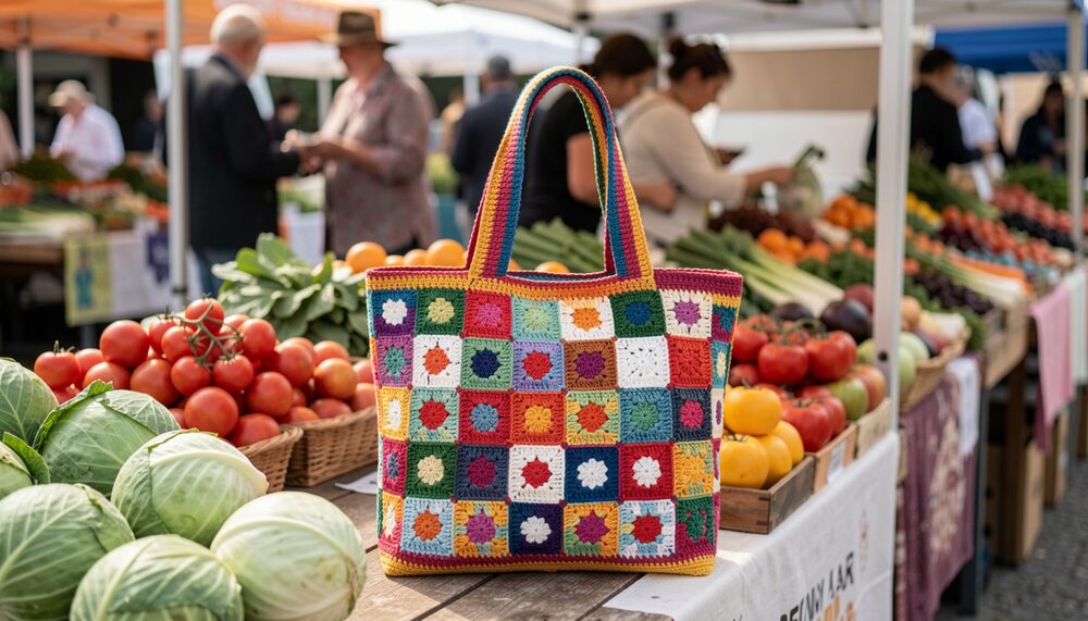 A colorful crocheted tote bag made of joined squares on a market table with vegetables.