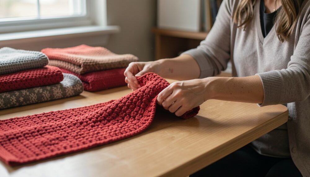 A volunteer folding a long red crocheted scarf on a table with more scarves behind.